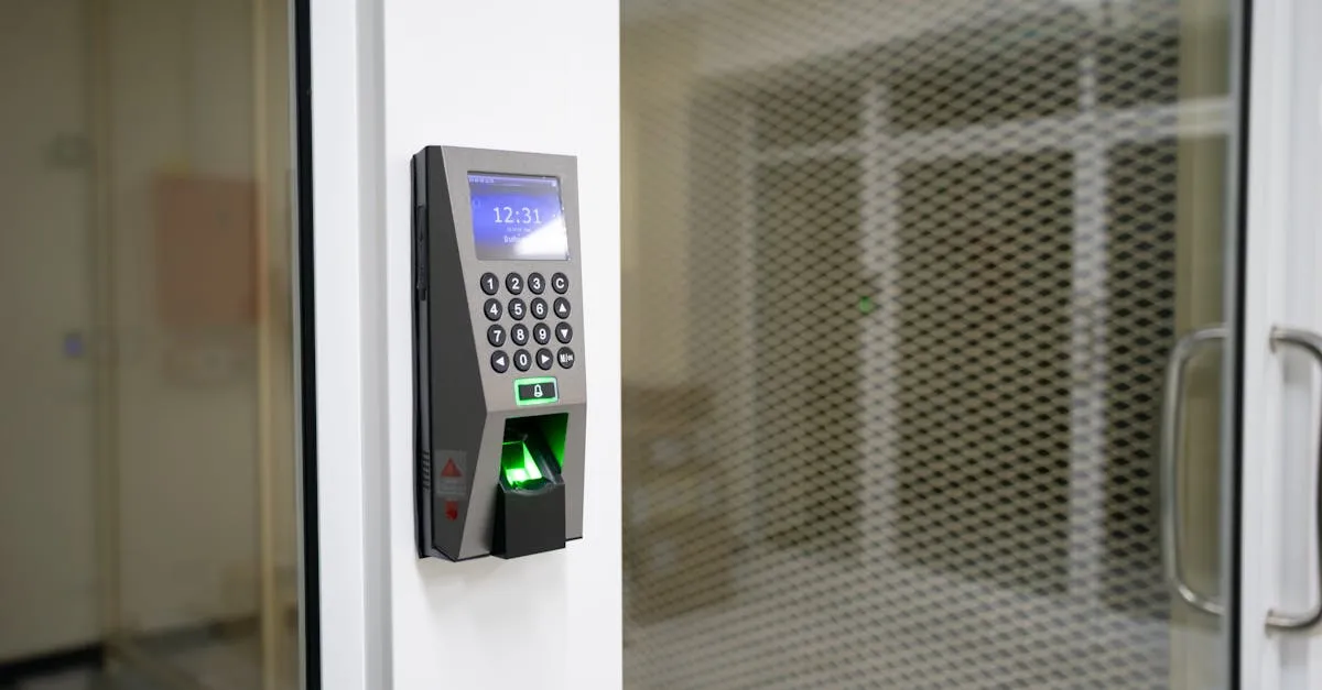 A wall-mounted fingerprint and PIN access control reader beside an office door