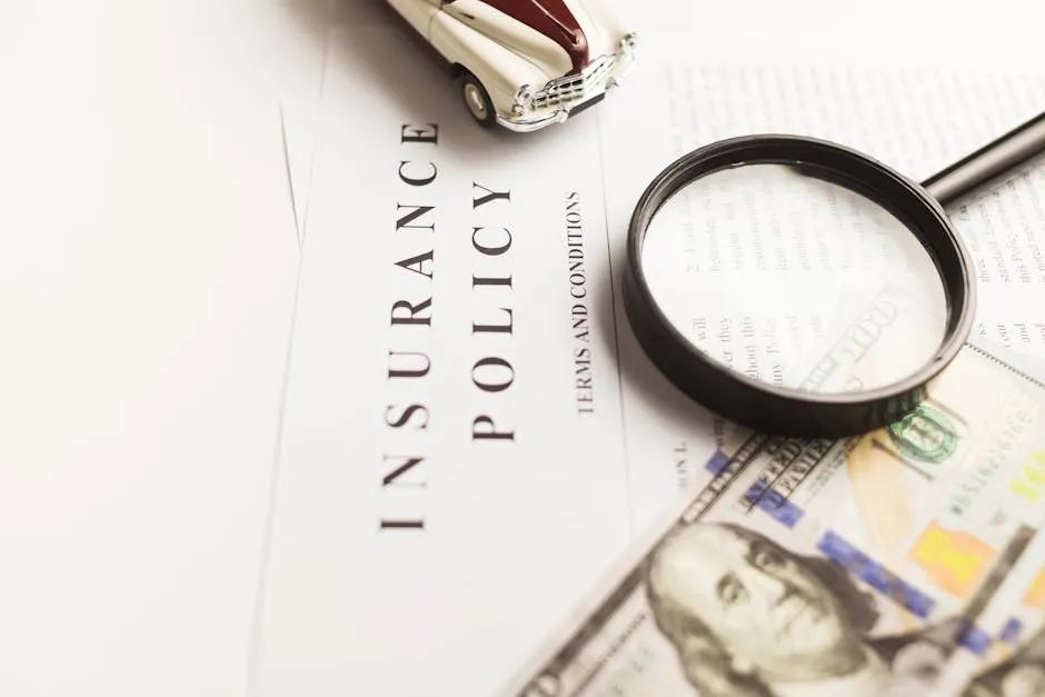 An accountant reviewing an insurance policy document at a desk