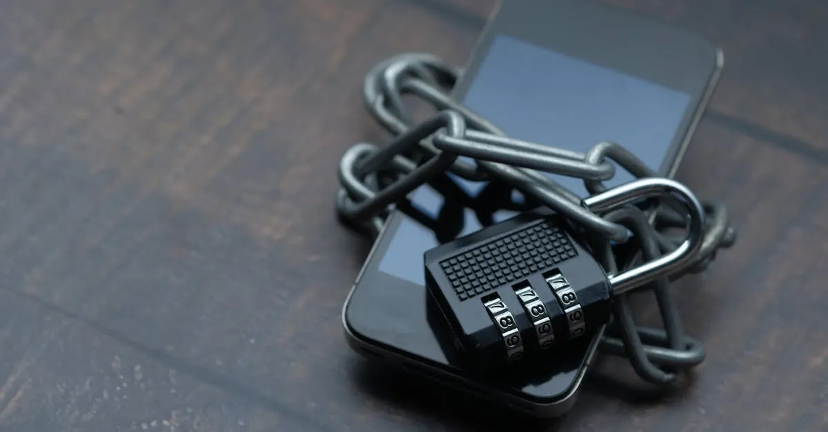 A smartphone secured with a chain and padlock
