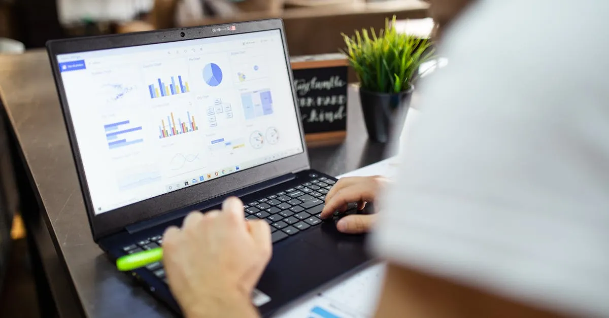 A laptop on a desk showing charts and dashboards from business software